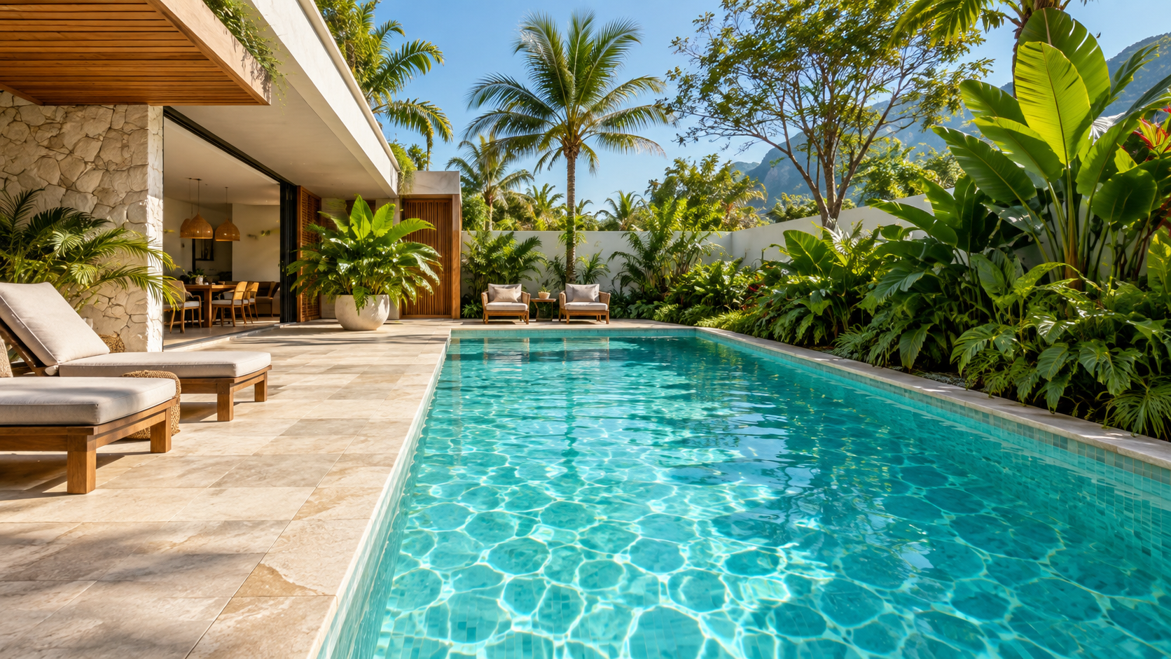 Piscina residencial com água azul e paisagismo tropical