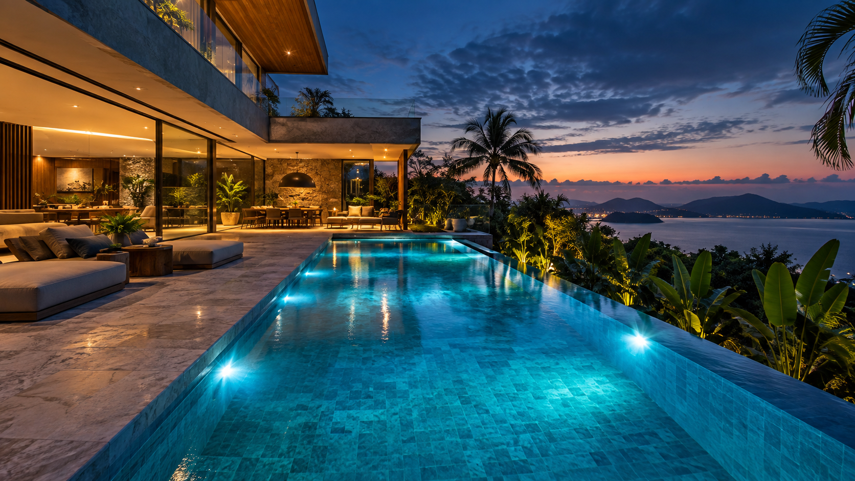 Piscina com iluminação LED azul ao anoitecer